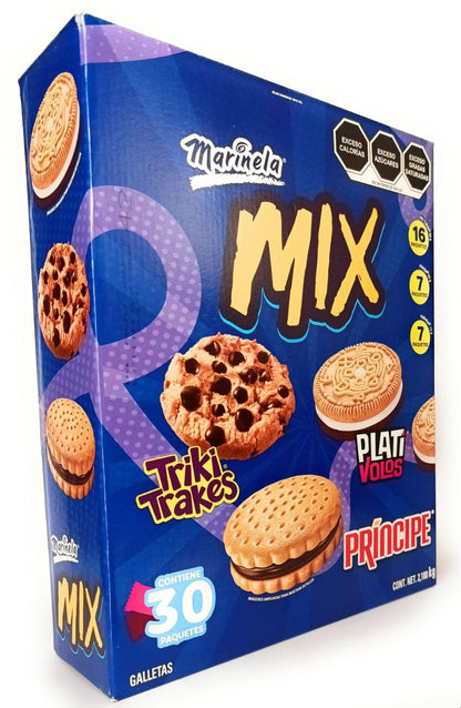 Marinela Mix Grande de 30 paquetes de Galletas Surtidas. Plativolos + Triki.trakes + Principe. Caja de 2.18Kg