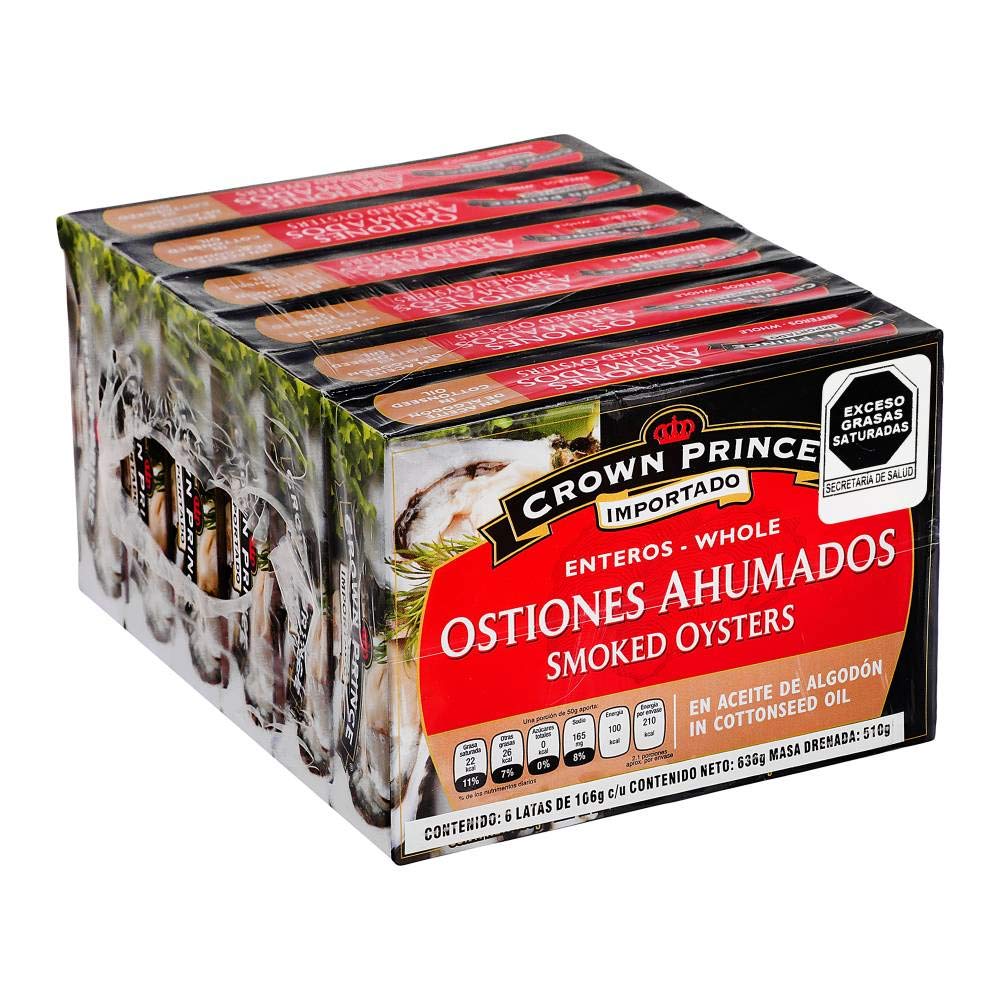 Pack 6 paquetes de Ostiones Ahumados Crown Prince + 1 Cubre Bocas Lavable Gratis