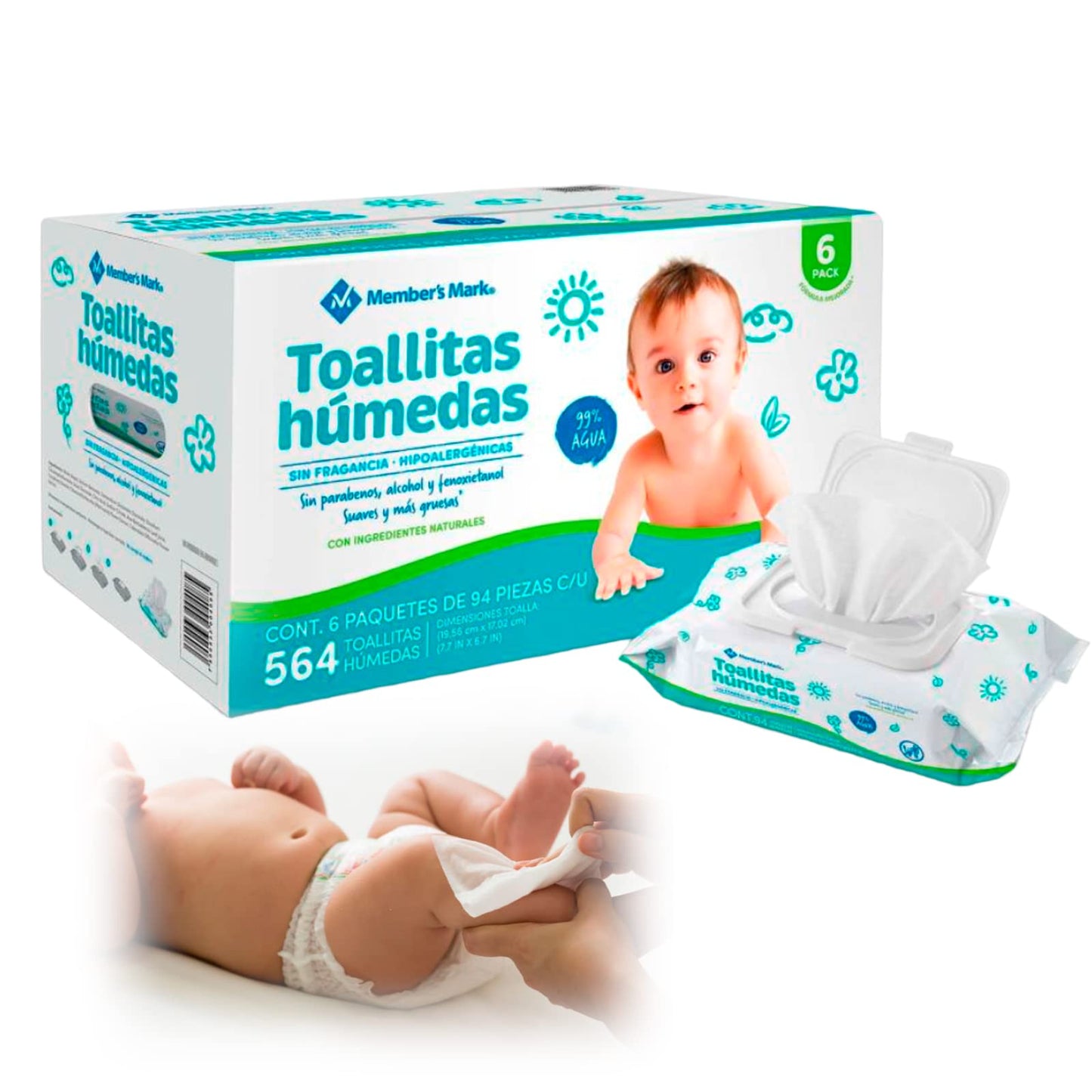 GAERO GLOBAL SOLUTION Toallitas Húmedas Sin Fragancia Hipoalergénicas Member's Mark 2 Cajas con 564 piezas cada caja