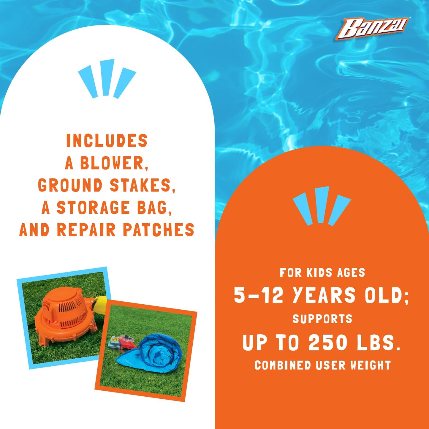 Banzai 35533 Bounce N Splash Water Park Centro de juego de actividades acuáticas con tobogán, estacas de puesta a tierra, bomba incluida y bolsa de almacenamiento portátil de viaje