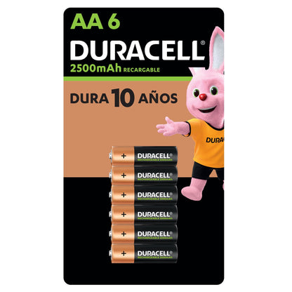 Duracell Pilas AA Recargables NiMH 2500mAh 1.2V, Baterías de Alta Capacidad Pre-cargadas, Paquete de 6 Pilas