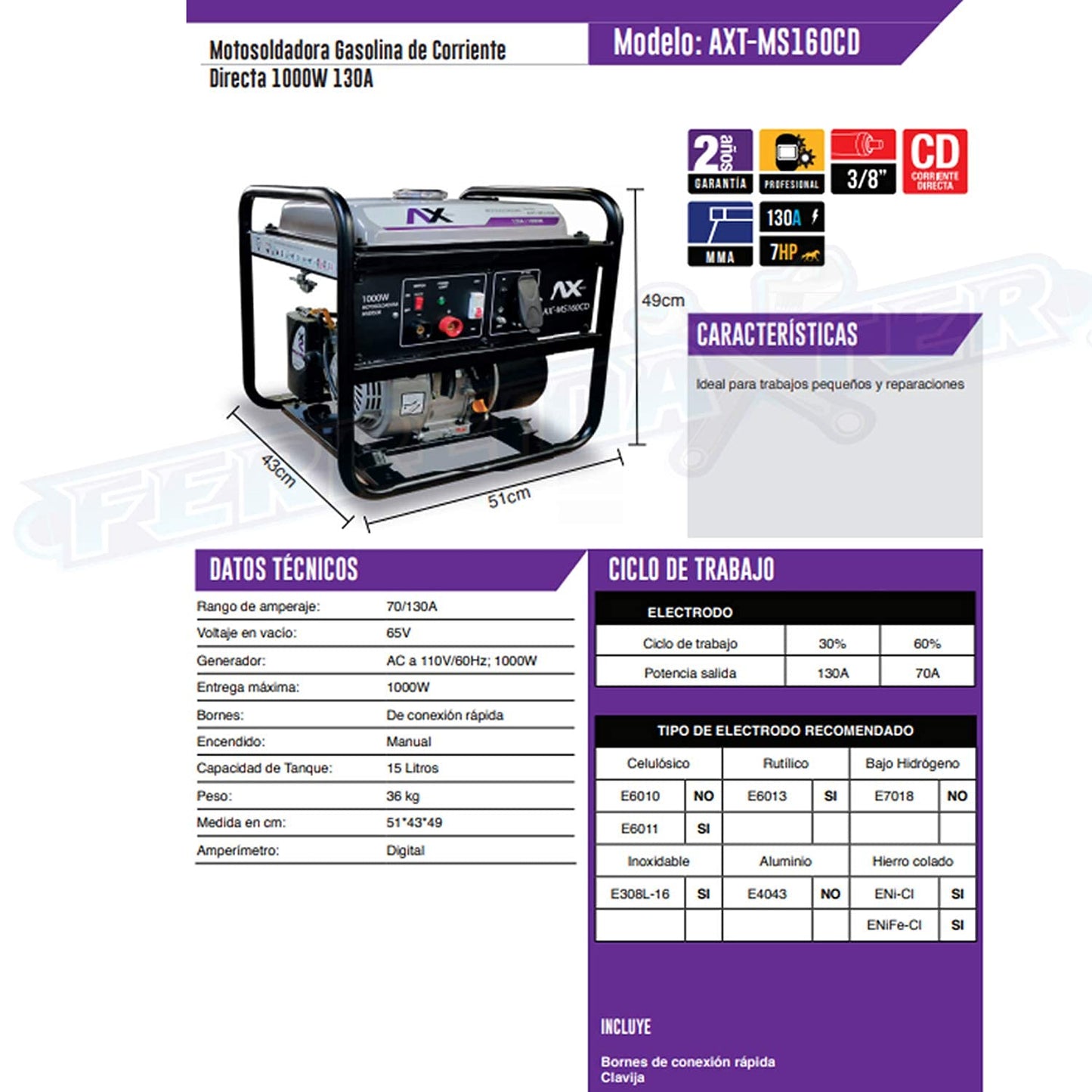 AXTECH - Motosoldadora A Gasolina De Corriente Directa AXT-MS160CD
