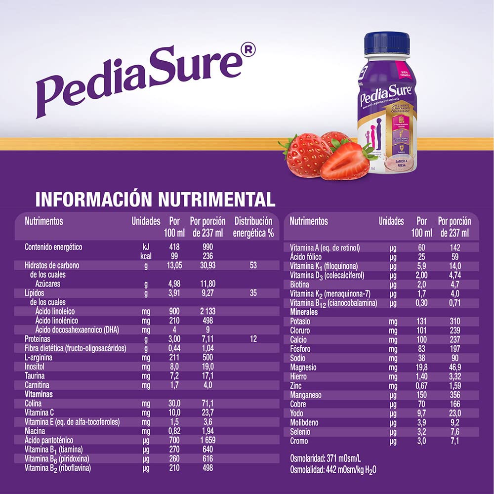 Pediasure Multisabor 237ml, Caja con 12 piezas, Fórmula para Alimentación Especializada, Multisabor 10 Fresa + 2 Chocolate