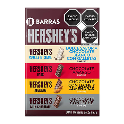 HERSHEY'S VARIETY PACK - Barras de Chocolate, Pack 16, 8 Chocolate Blanco con Galletas, 2 Chocolate Amargo, 2 Chocolate con Leche y Almendras, 4 Chocolate con Leche, 16x27 g