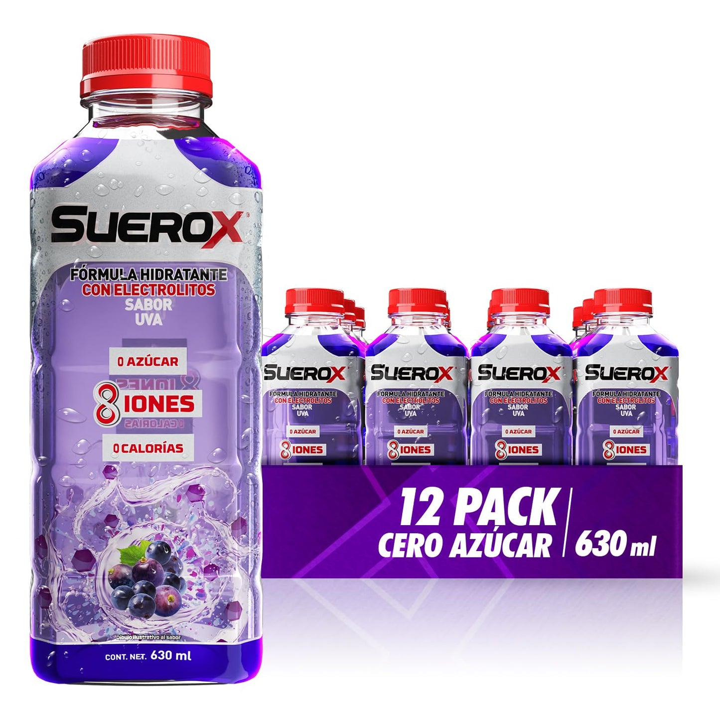 SUEROX, electrolitos orales hidratantes SIN AZÚCAR, SIN CALORÍAS sabor UVA, con sus 8 iones recupera los electrolitos y nutrientes perdidos al sudar haciéndote sentir mejor con un gran sabor, botella con 630 ml