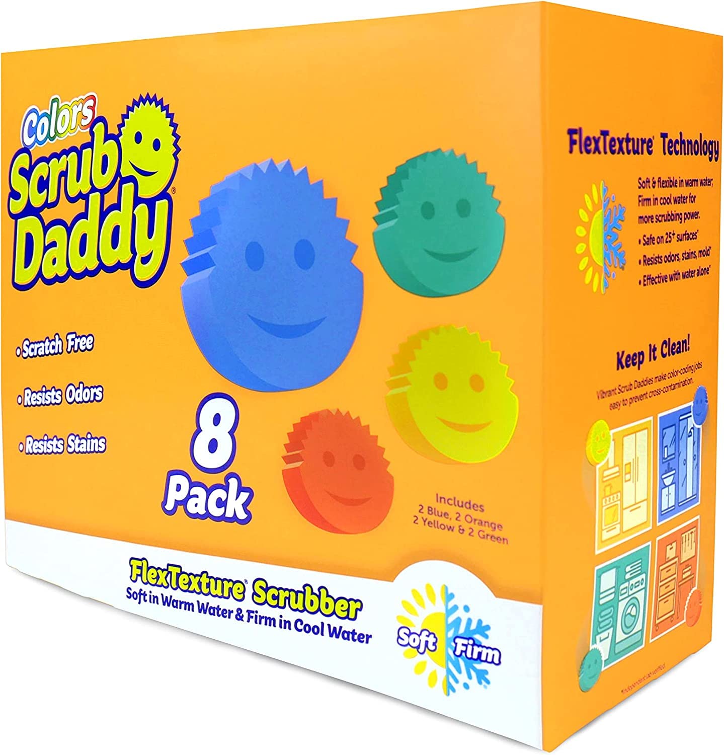 Scrub Daddy - Paquete de 8 unidades en diferentes colores, flexible