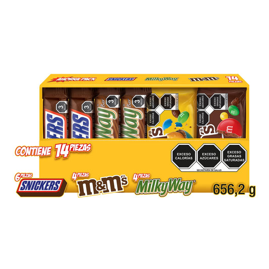 HONMICON Snickers - Caja Chocolates Snickers, Milky Way, M&Ms - 14 Piezas - 656.2g