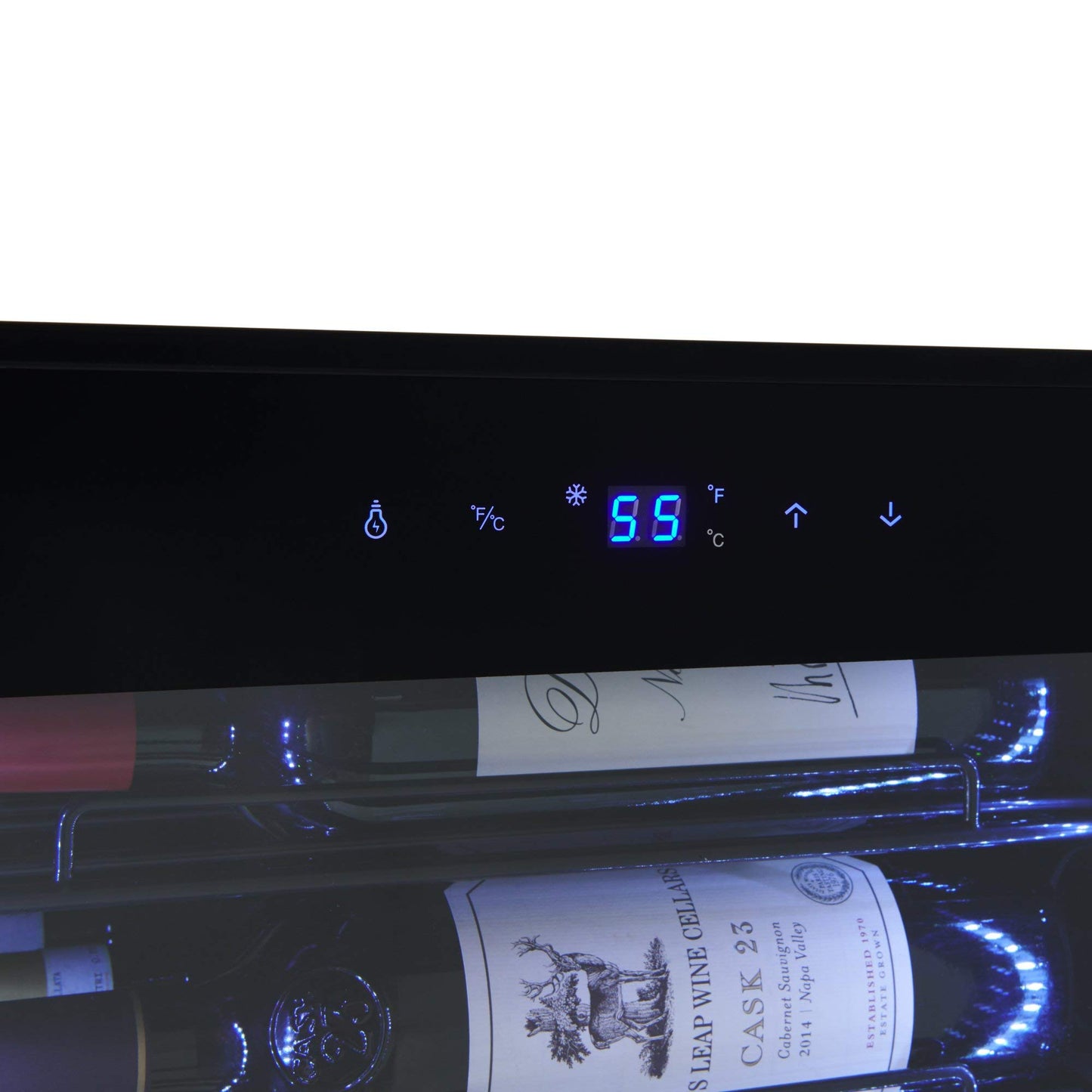 Wine Enthusiast VinoView - Nevera de vino de 28 botellas, refrigerador no empotrado con estantes de matriz, termostato ajustable de 10 a 60 °F, puerta de vidrio de doble panel y visualización LED