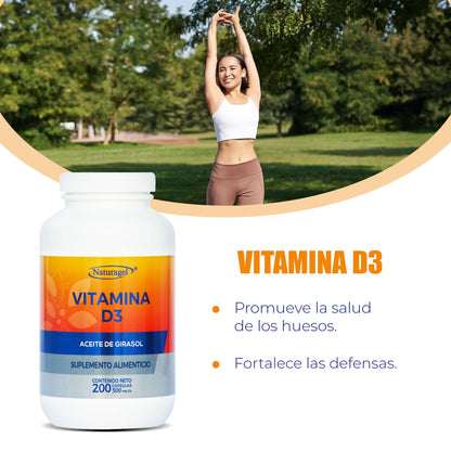 Naturagel Vitamina D3 - Suplemento Alimenticio para la Salud General - 200 Softgels de 500 mg