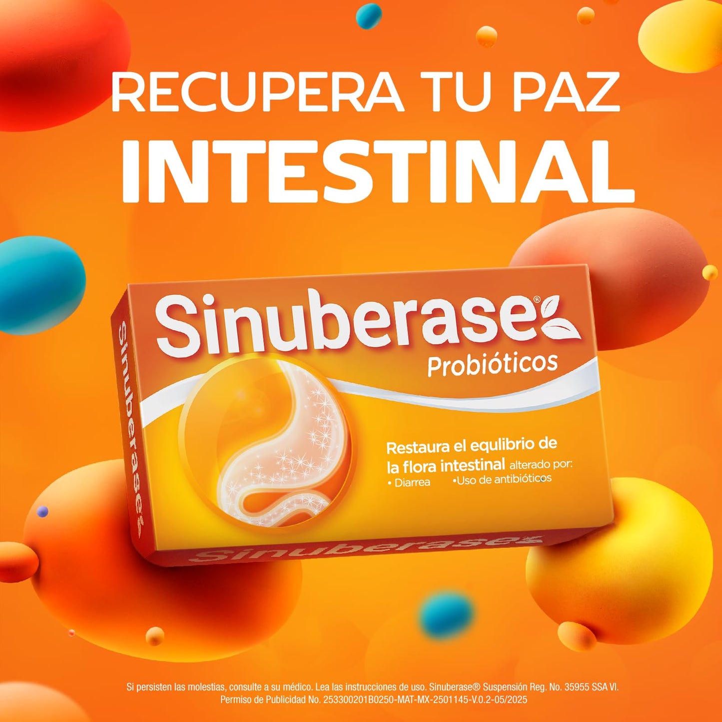 Sinuberase probioticos suspensión, Bacillus clausii 2 billones de UFC en 10 ampolletas