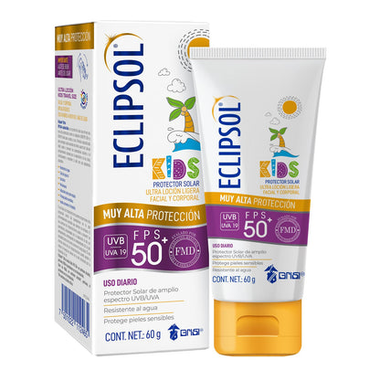 Eclipsol Ultra Loción Kids Protector Solar Facial y Corporal FPS50+, Hipoalergénico, Textura Ligera, Para Piel Sensible Infantil, Resistente al Agua, 60 g