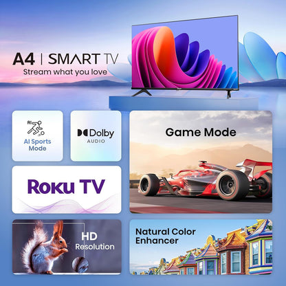Hisense Televisor Inteligente Roku de 32 Pulgadas Clase A4 Serie HD 720p con compatibilidad Alexa (32A4HNR, Modelo 2024) - Dolby Audio, diseño de Bisel Delgado