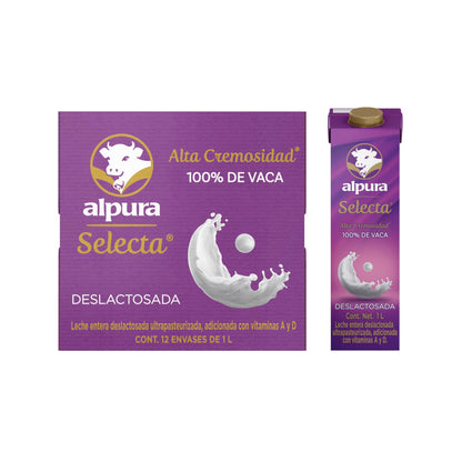 Alpura Selecta Leche Entera Deslactosada 100% de Vaca, Ultrapasteurizada paquete de 12 Pzas de 1 Litro cada una con vitaminas, de fácil digestión