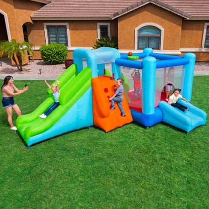 Bestway Brincolin Inflable Infantil, Castillo Parque de Diversion, Jump n' Climb Mega Bouncer, Incluye Toboganes y Bomba de Inflar, 4,92 m x 3,01 m x 2,06 m