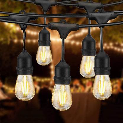 BRIGHTSHOW - Techo 48FT LED Luces de cadena al aire libre Impermeable Regulable 15PCS 2W Vintage Edison Bulbos de vidrio