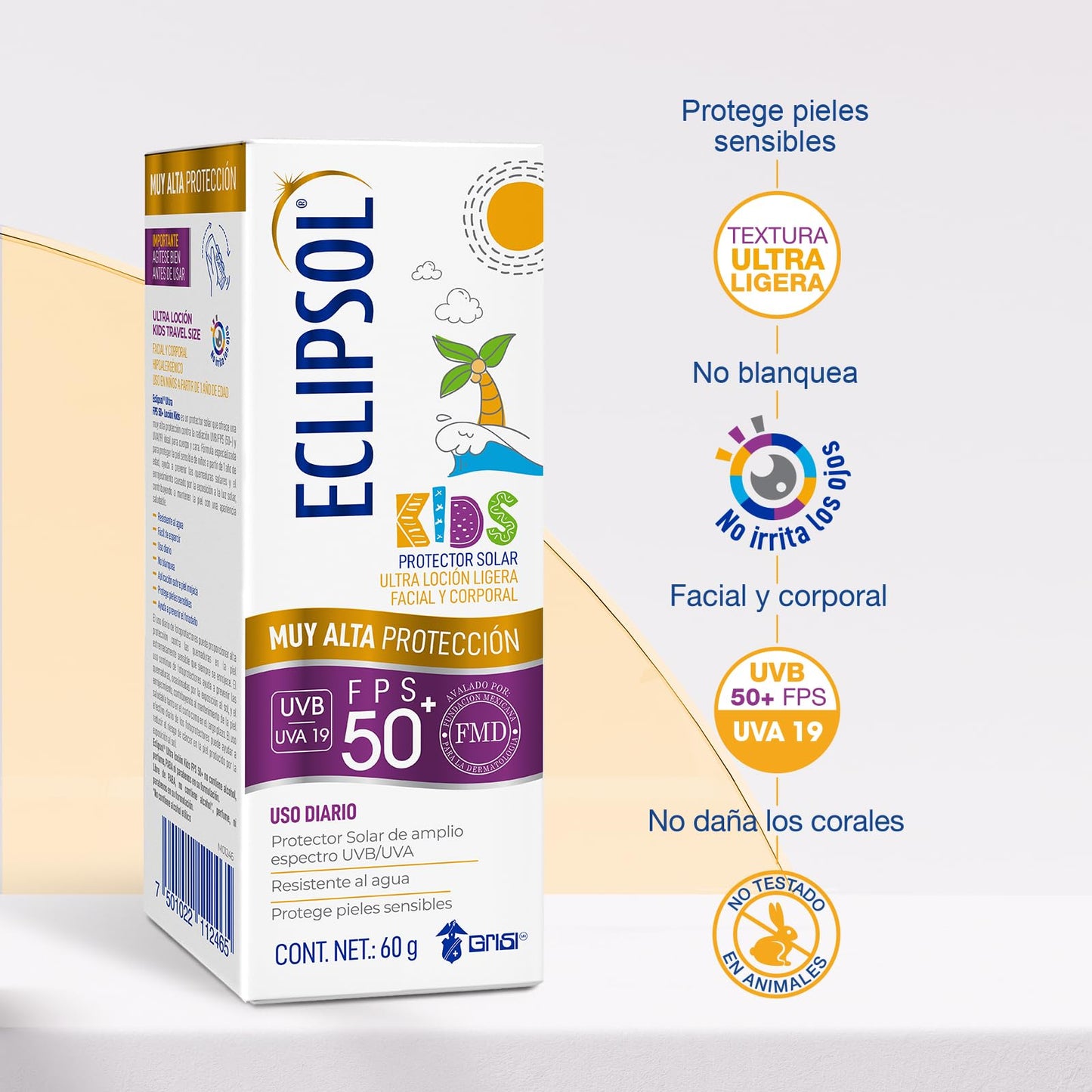 Eclipsol Ultra Loción Kids Protector Solar Facial y Corporal FPS50+, Hipoalergénico, Textura Ligera, Para Piel Sensible Infantil, Resistente al Agua, 60 g
