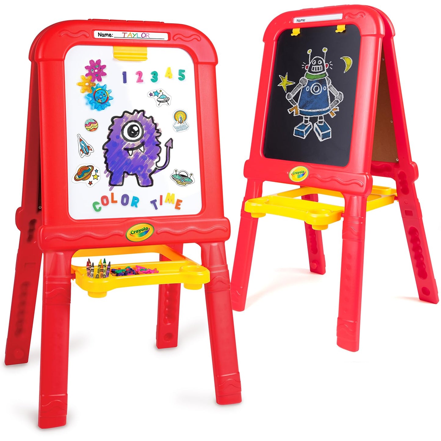 Creative Fun Caballete doble – borrado en seco magnético, pizarrón, 77 letras y números magnéticos, varillas de gis Crayola, engranajes magnéticos, 3+