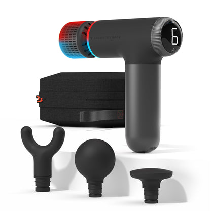 Sharper Image® Powerboost® Pro+ Masajeador compacto de percusión caliente y frío, nodo de doble temperatura, terapia calmante de calor y frío, 6 velocidades, 4 accesorios, recuperación portátil ligera