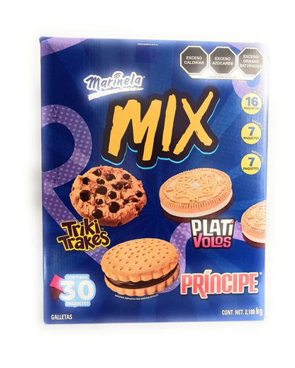 Marinela Mix Grande de 30 paquetes de Galletas Surtidas. Plativolos + Triki.trakes + Principe. Caja de 2.18Kg