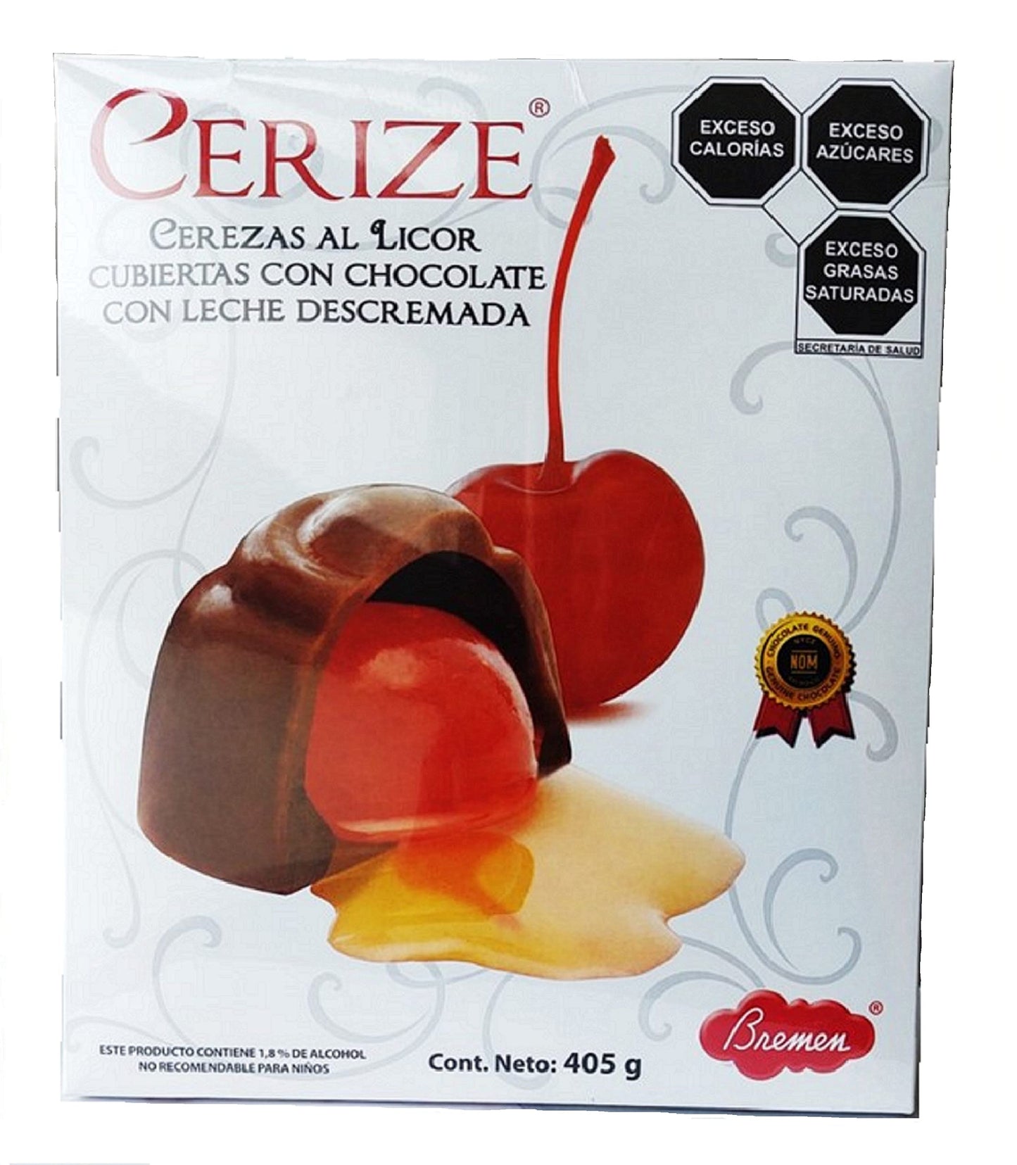 Bremen - Cerezas al licor cubiertas con chocolate con leche descremada. Caja de 405 Gramos