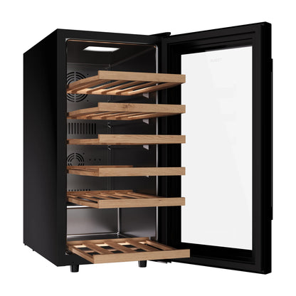 Enfriador de Vinos TEKA marca Alemana modelo RVF 10032 GBK.Libre instalación.Acero inoxidable.Capacidad 83Litros/32botellas.Puerta cristal negro.5 anaqueles de madera.Ilimunación LED.nivel sonor 42DB.
