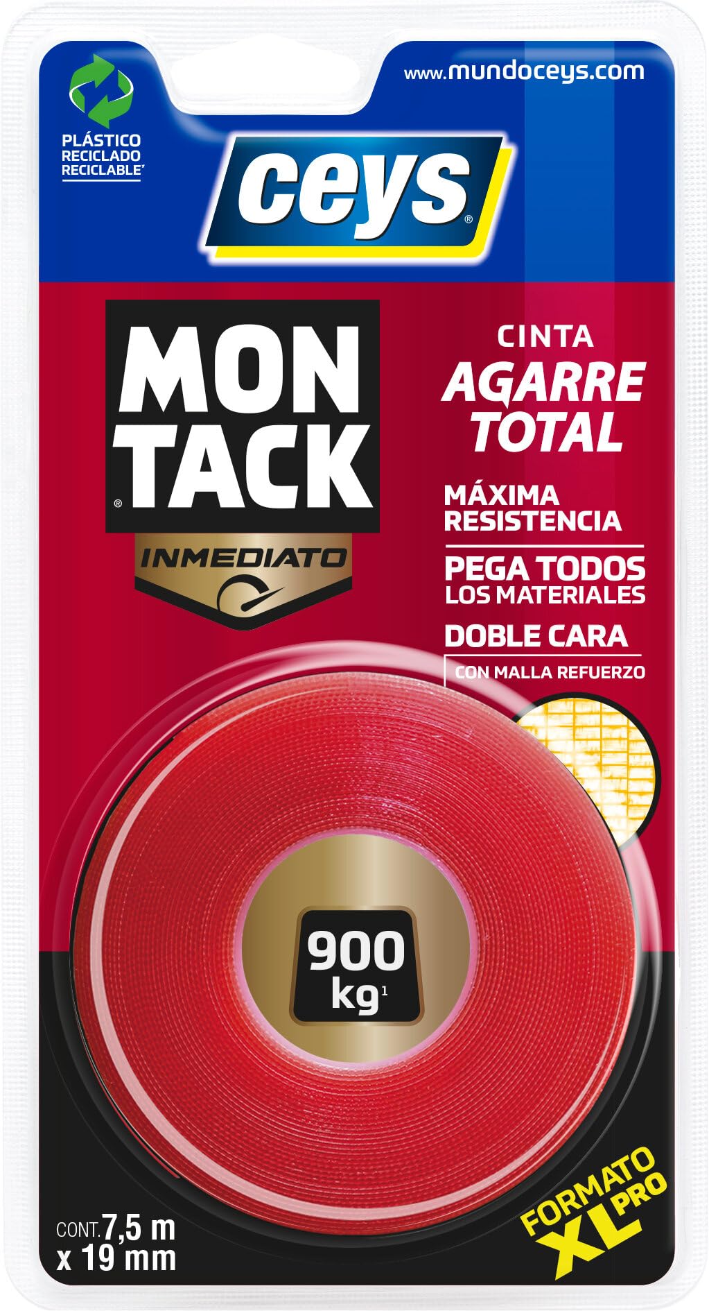 ceys Montack Cinta de agarre total instantánea XL 7,5 mts x 19 mm, cinta 7,5 m x 19 mm, rojo