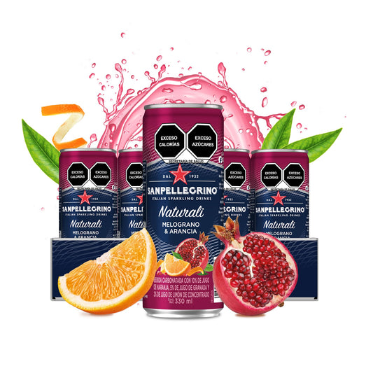 San Pellegrino Naturali Melograno & Arancia, Agua Mineral Sabor Naranja y Granada, Refresco Premium, Pack 12 latas 330ml c/u