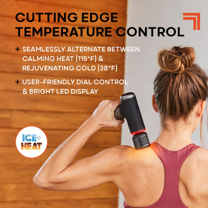 Sharper Image® Powerboost® Pro+ Masajeador compacto de percusión caliente y frío, nodo de doble temperatura, terapia calmante de calor y frío, 6 velocidades, 4 accesorios, recuperación portátil ligera