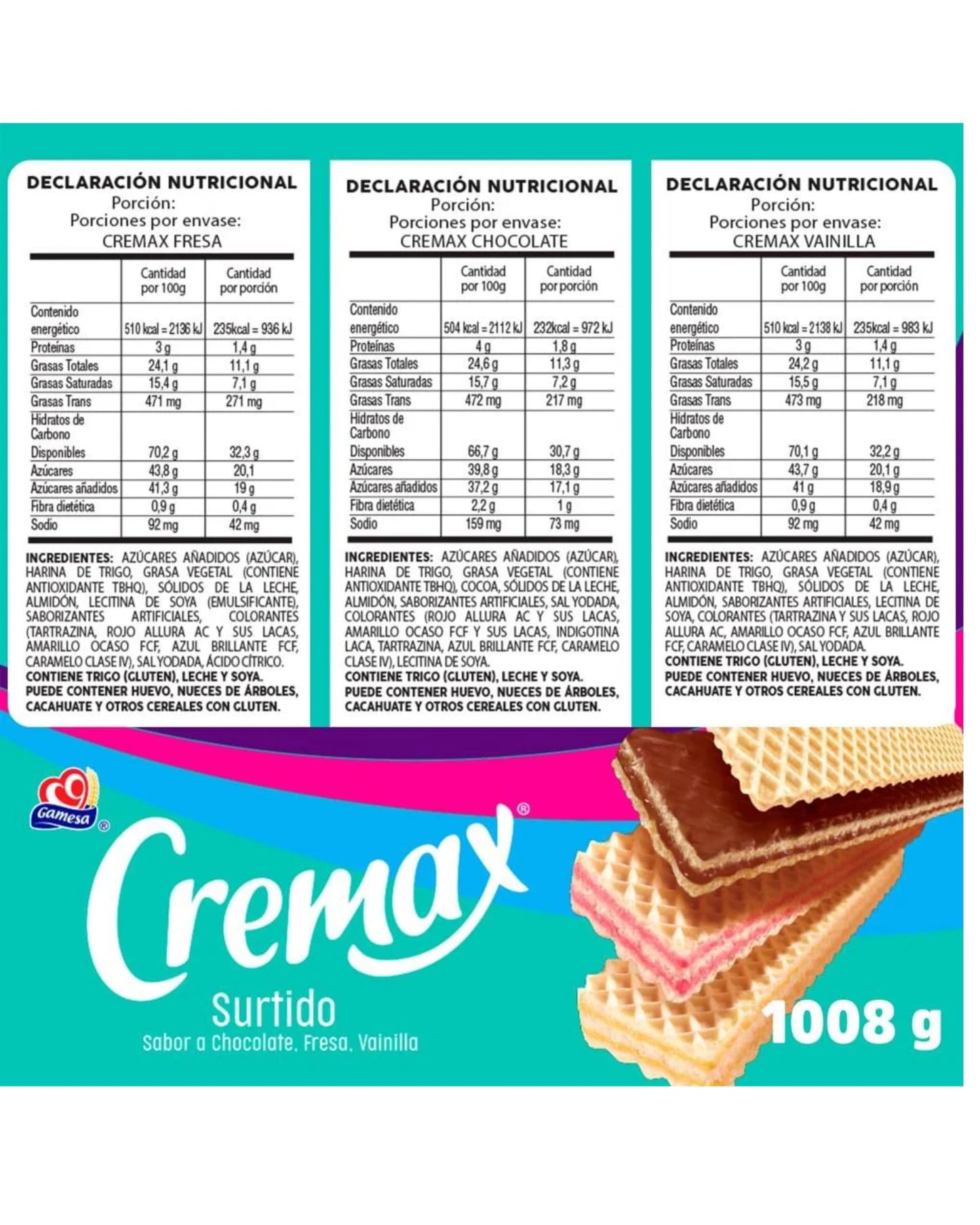 Cremax Gamesa, Galletas Wafer Surtidas, 24 Paquetes, Chocolate, Fresa y Vainilla, 1008 g
