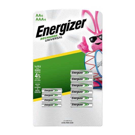 Energizer, 6 Pilas Recargables AA +4 Pilas AAA, Blanco/Verde