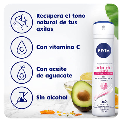 NIVEA - Desodorante Aclarante para Mujer, Nivea Tono Natural Classic Touch (150 ml), 48hrs Protección Antitranspirante en Spray con Aceite de Aguacate y Vitamina C