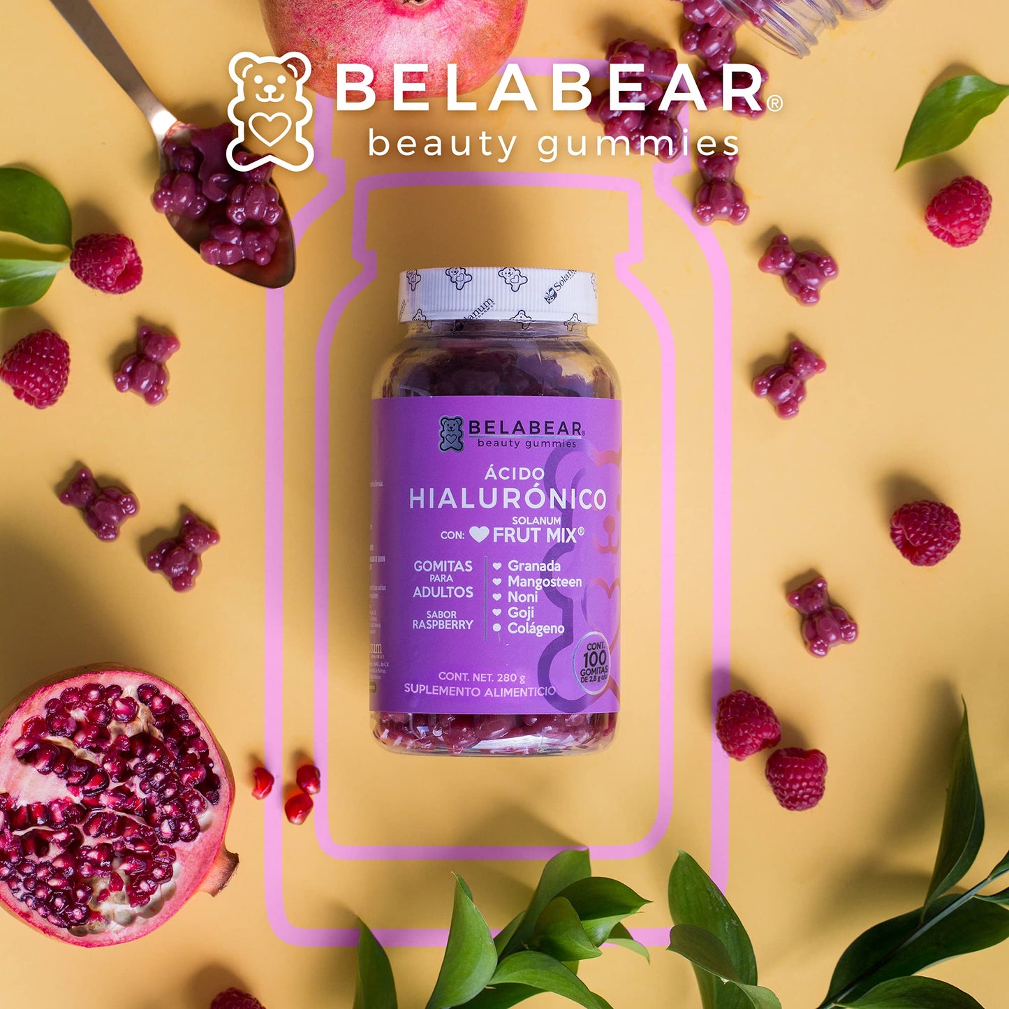BELABEAR - Belabear Ácido Hialurónico - Sabor Frambuesa - Granada, Mangosteen, Noni, Goji, Colágeno - 100 Gomitas