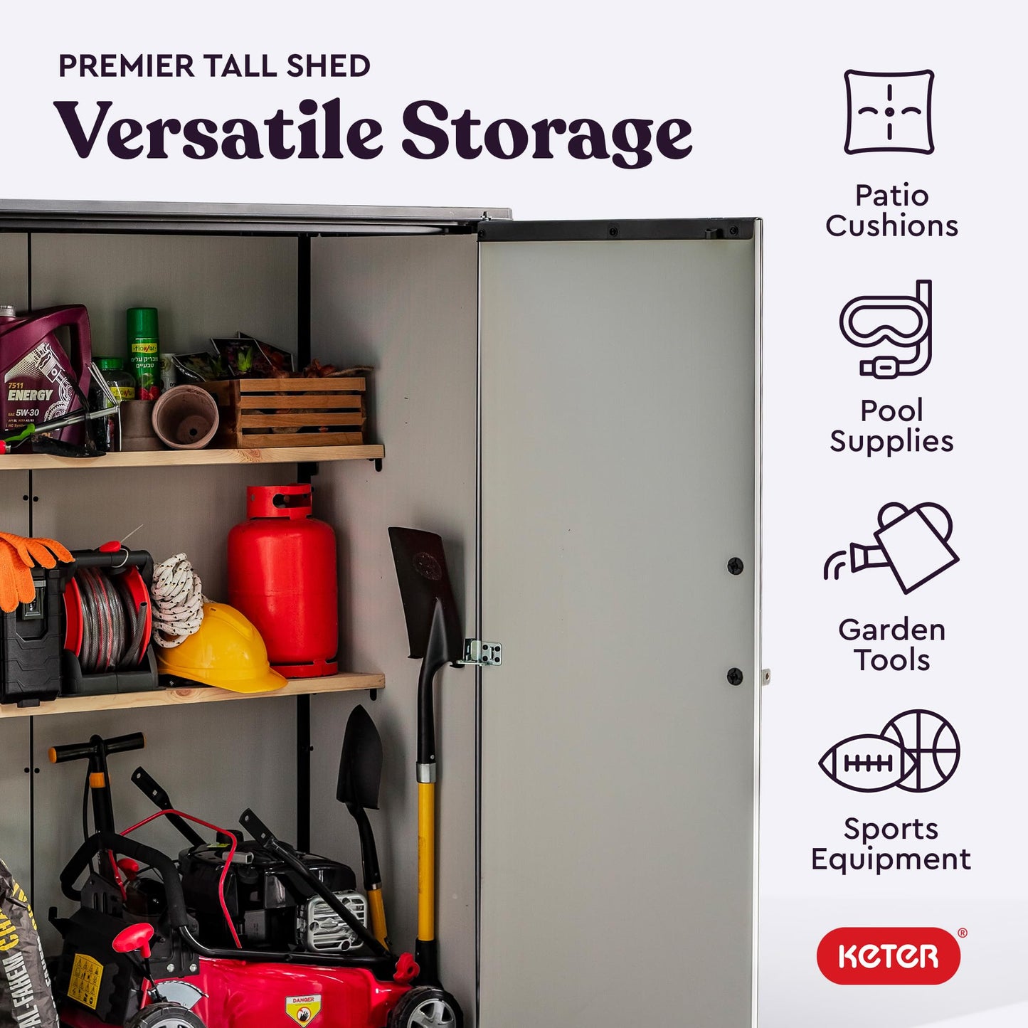 Keter - Keter Premier - Cobertizo de Almacenamiento de Resina Alta para Muebles de Patio, Accesorios de Piscina y Bicicletas
