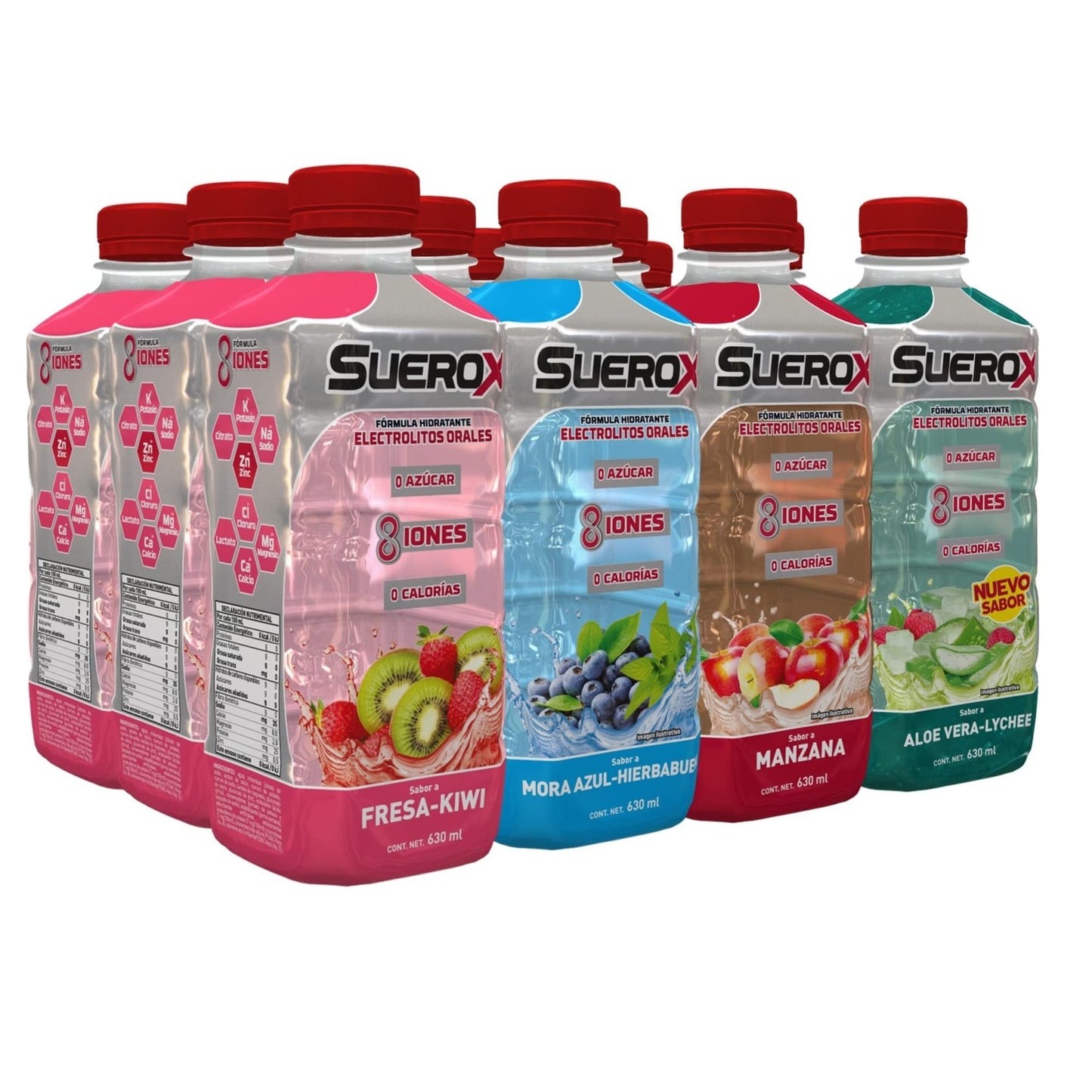 SUEROX 12 pack Hidratante con 8 Iones sabor Fresa Kiwi, Mora Azul, Manzana, Aloe Vera-Lychee, 630 ml c/u