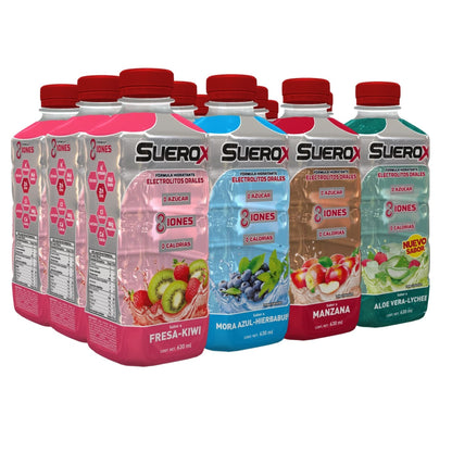 SUEROX 12 pack Hidratante con 8 Iones sabor Fresa Kiwi, Mora Azul, Manzana, Aloe Vera-Lychee, 630 ml c/u