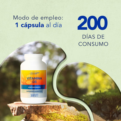 Naturagel Vitamina D3 - Suplemento Alimenticio para la Salud General - 200 Softgels de 500 mg