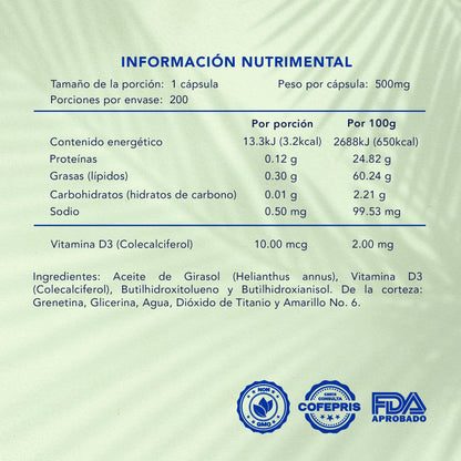 Naturagel Vitamina D3 - Suplemento Alimenticio para la Salud General - 200 Softgels de 500 mg