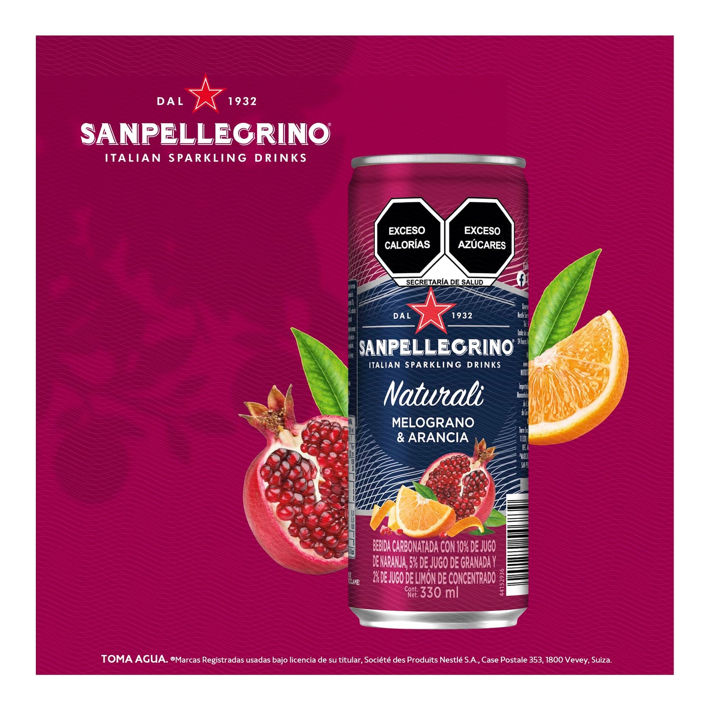 San Pellegrino Naturali Melograno & Arancia, Agua Mineral Sabor Naranja y Granada, Refresco Premium, Pack 12 latas 330ml c/u