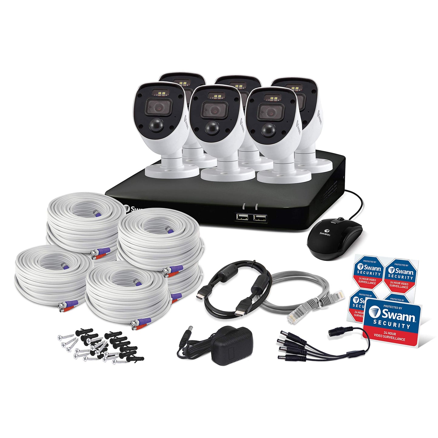 Swann Home DVR Sistema de cámara de seguridad con disco duro de 1 TB, 6 cámaras de 8 canales, video Full HD de 1080p, CCTV con cable para interiores y exteriores, visión nocturna a color, detección de