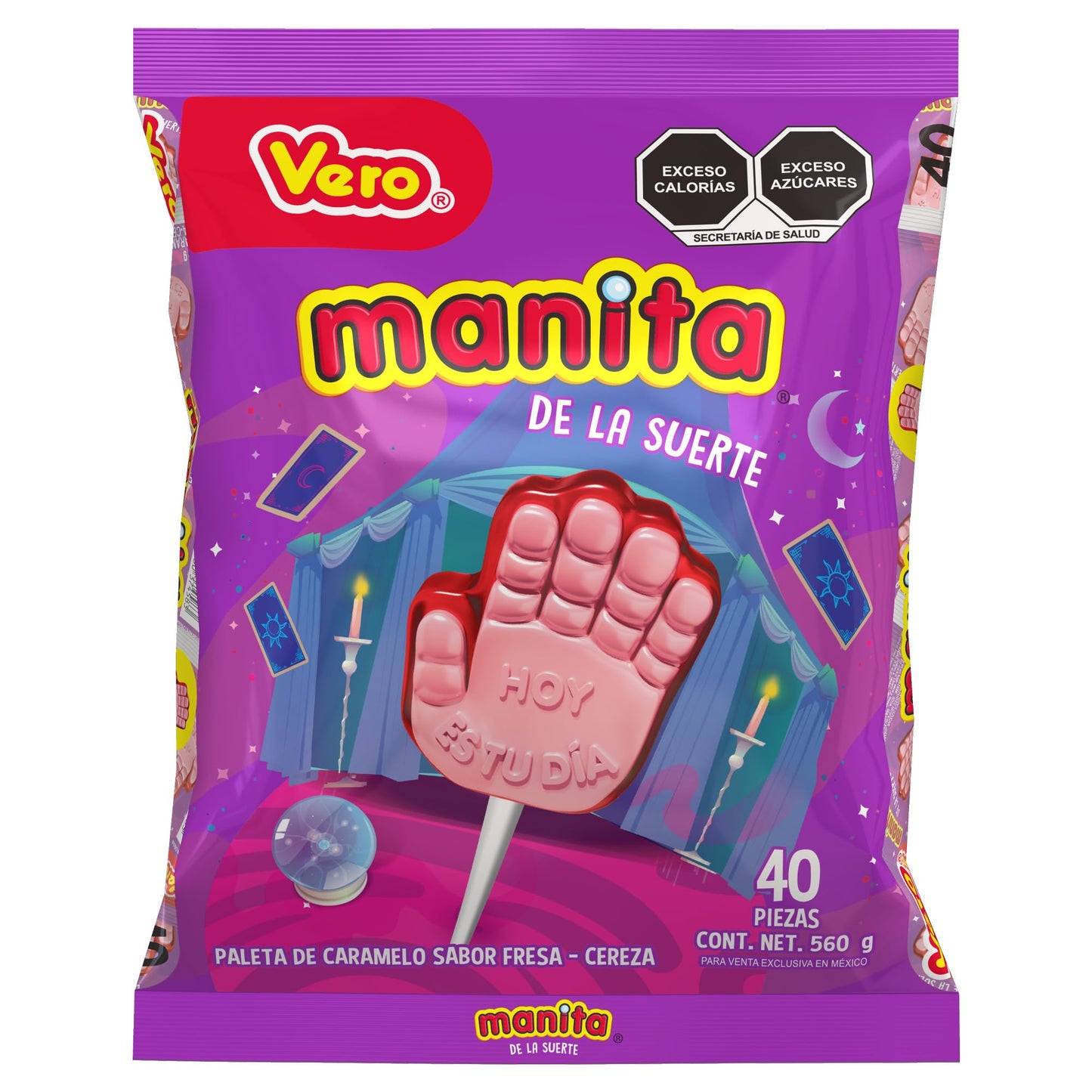 Ricolino Paleta Manita De Caramelo Sabor Fresa-Cereza, Bolsa 40 Pz De 14 G, Color Rosa
