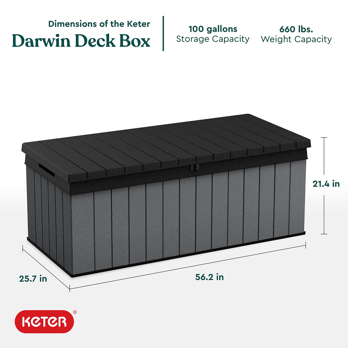 Keter - Caja grande de resina Keter Darwin de 100 galones, Almacenamiento para Jardin y Exteriores, Gris y Negro