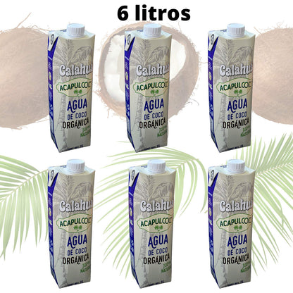 Acapulcoco Agua de Coco Orgánica Acapulcoco 6 piezas de1 litro, bebida hidratante Natural, producto Mexicano. Certificación Kosher