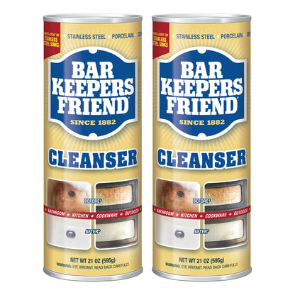 Bar Keepers Friend Limpiador en polvo de 21 onzas, limpiador multiusos y removedor de manchas, baño, cocina y uso al aire libre, para acero inoxidable, aluminio, latón, cerámica, porcelana, bronce y más (paquete de 2)
