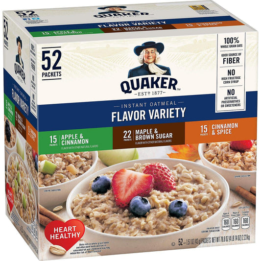 Quaker paquetes de avena instantánea surtidos de una porción 1.51 oz paquete 52/funda