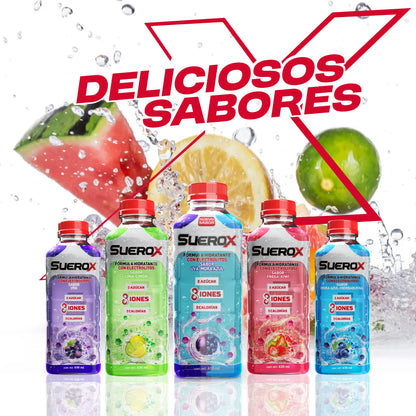 SUEROX, electrolitos orales hidratantes SIN AZÚCAR, SIN CALORÍAS sabor UVA, con sus 8 iones recupera los electrolitos y nutrientes perdidos al sudar haciéndote sentir mejor con un gran sabor, botella con 630 ml