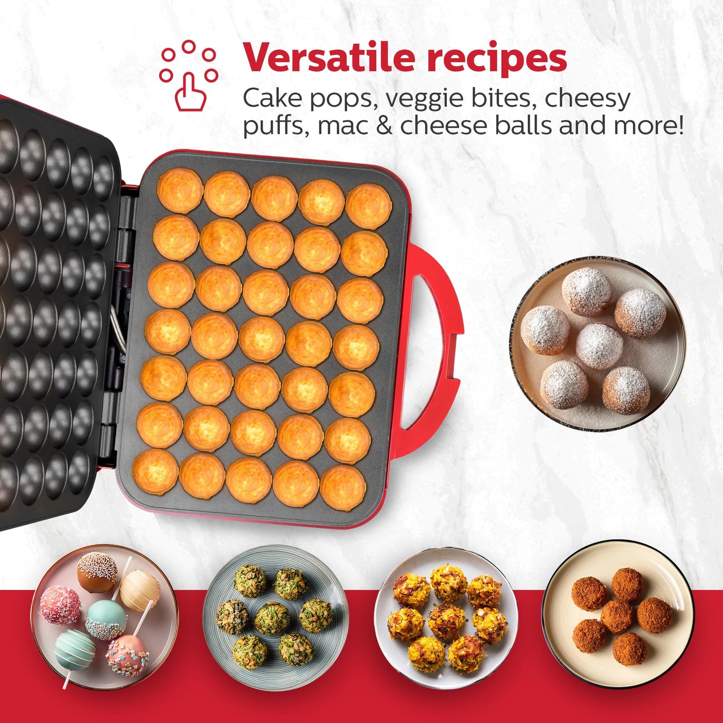 Holstein Housewares Cake Pop Maker, color rojo, hace 35 tartas, revestimiento antiadherente, perfecto para cumpleaños y fiestas de día festivo