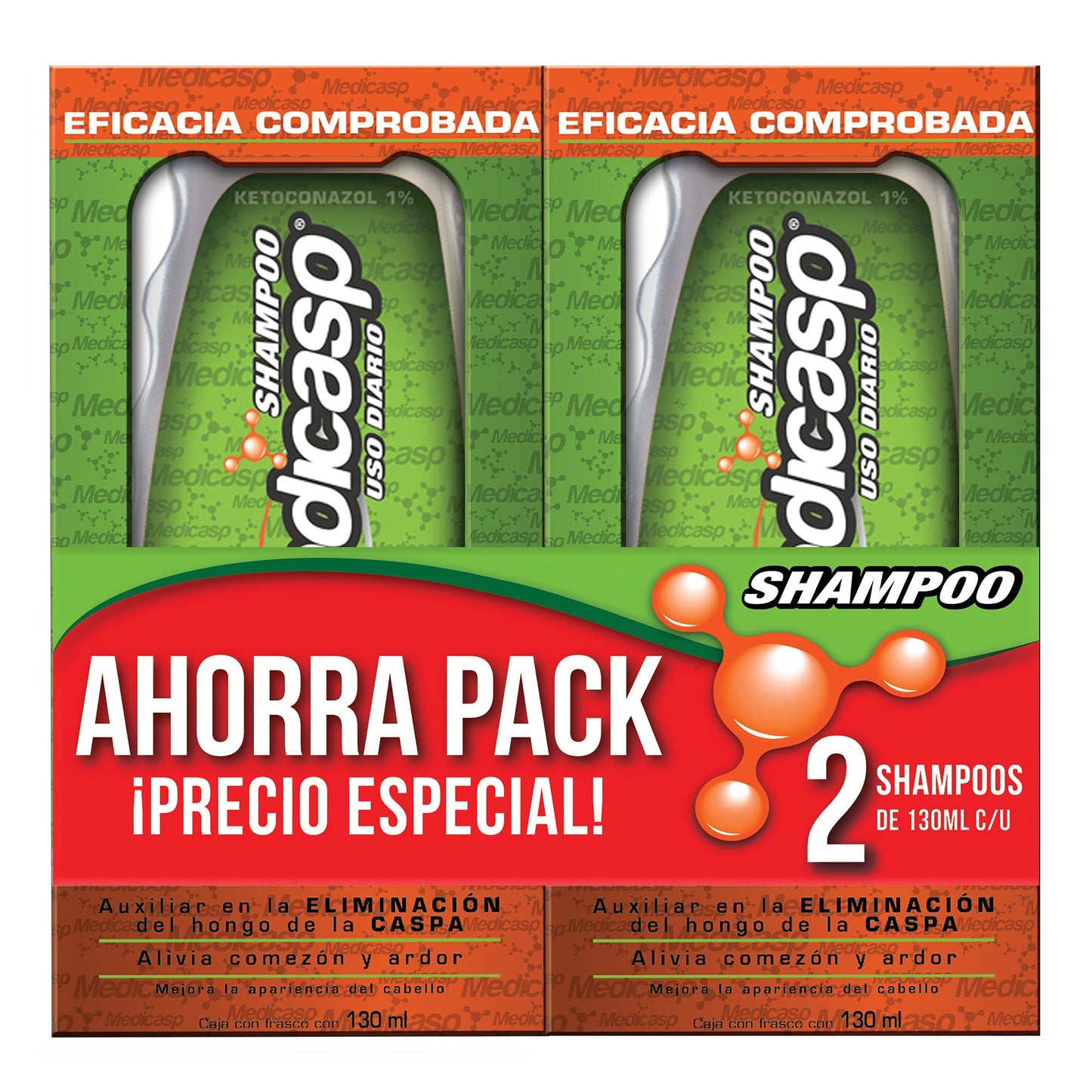 Medicasp Shampoo Anticaspa- 2 PACK- Auxiliar en la eliminación del hongo de la caspa, alivia comezón y ardor, deja el cabello con brillo y suavidad, ideal para uso diario, 2 botellas de 130 ml