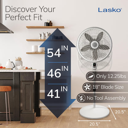 Lasko 1827 Ventilador de pedestal ajustable con elegancia y rendimiento de 18 pulgadas