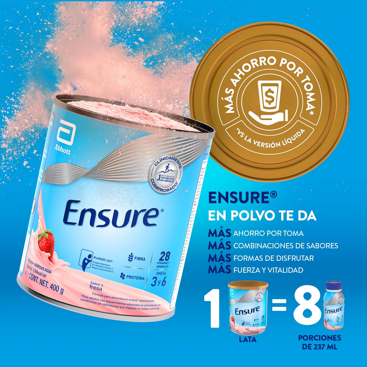 Ensure Clásico - en Polvo Sabor Fresa, 400g, Alimentación Especializada con Vitaminas, Proteínas y Prebióticos, Clínicamente Probado