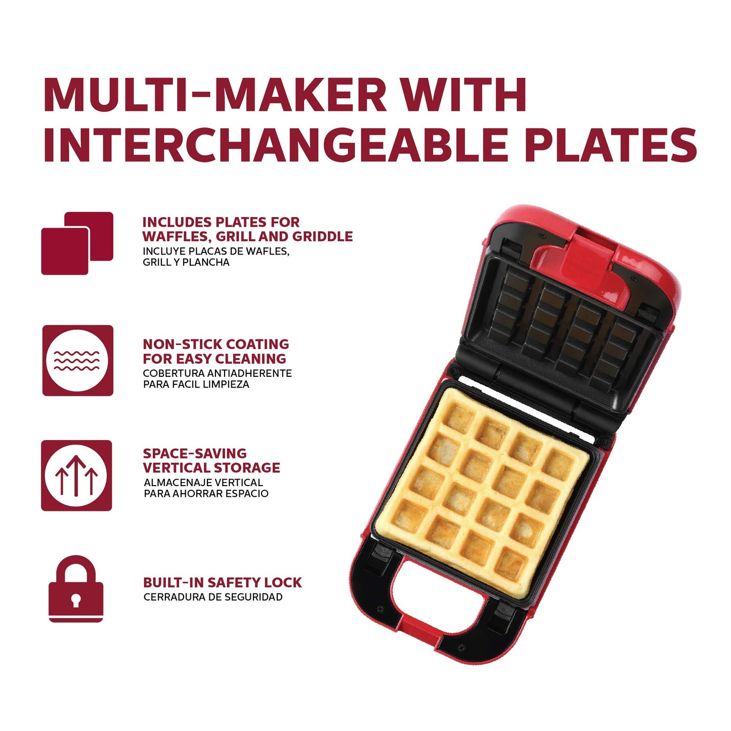 Holstein Housewares - Multifabricante antiadherente intercambiable con waffle, plancha y platos de parrilla, uso para paninis, panqueques, gofres y mucho más, rojo/acero inoxidable
